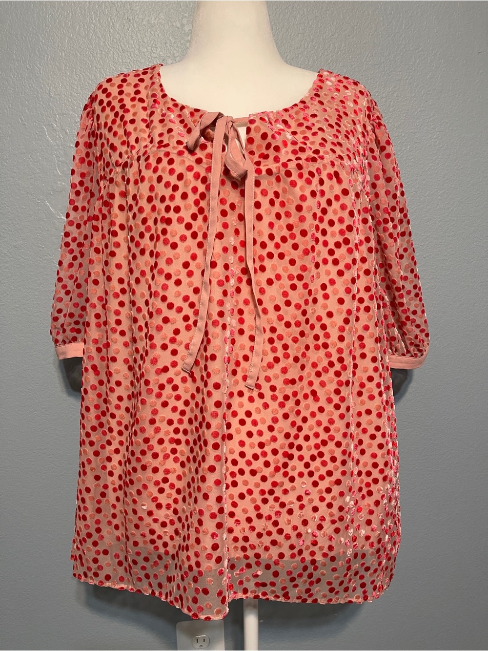 ModCloth Pink Red Polka Dot Flocked Sheer Tunic Top Romantic Twee Coquette 3X